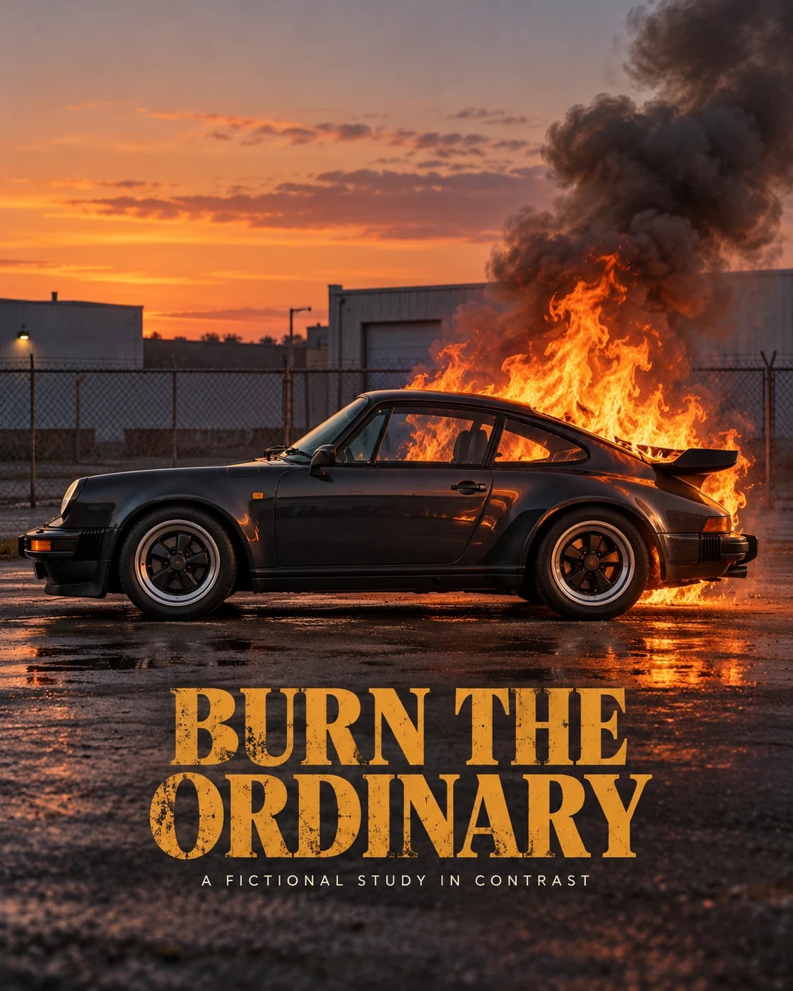 Porsche on Fire Sunset Poster, AI image made from the prompt