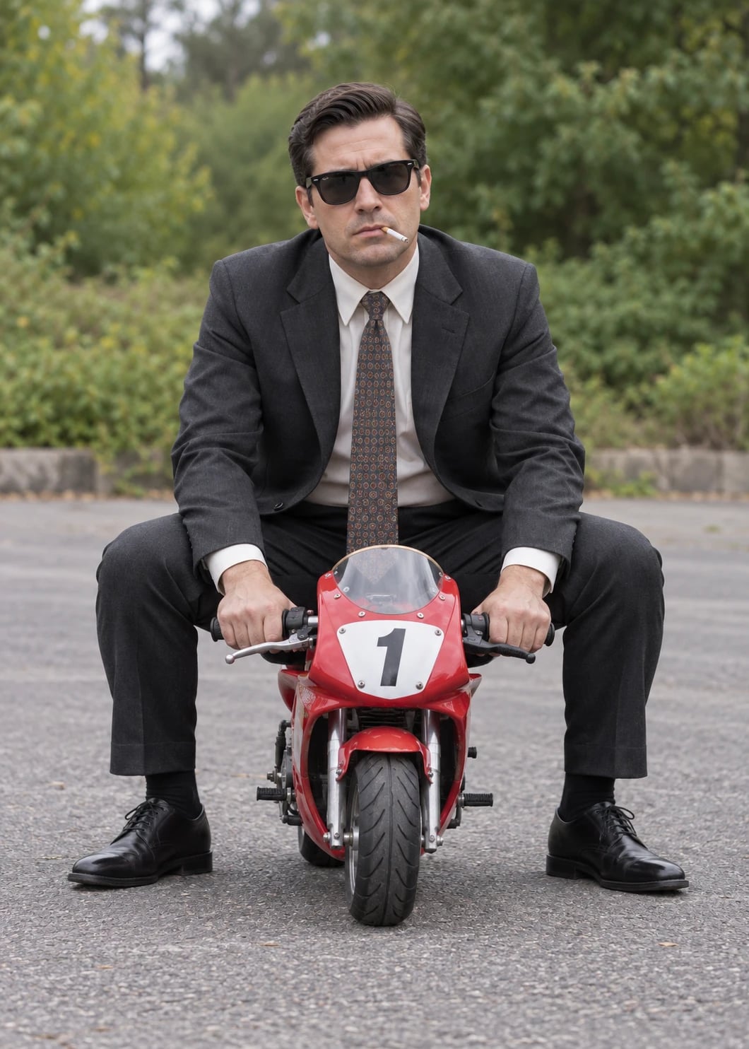 Suit Guy on Tiny Pocket Bike, AI image made from the prompt