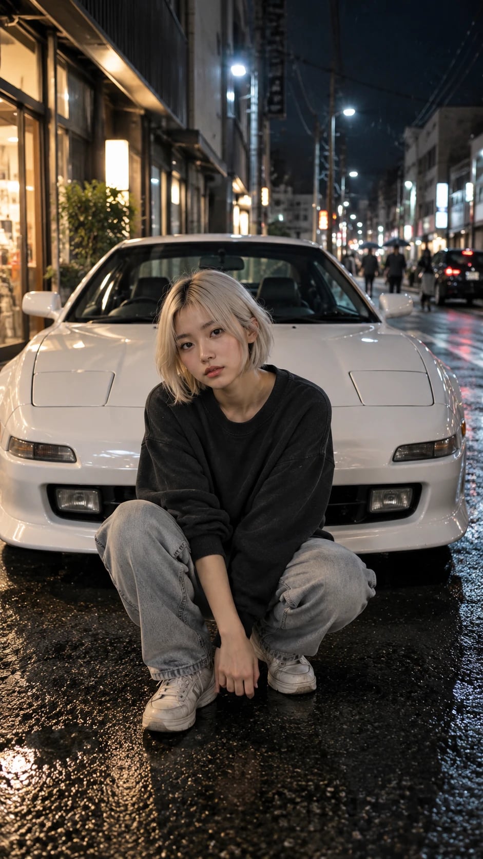 Night Street Shoot with White Sports Car, AI image made from the prompt