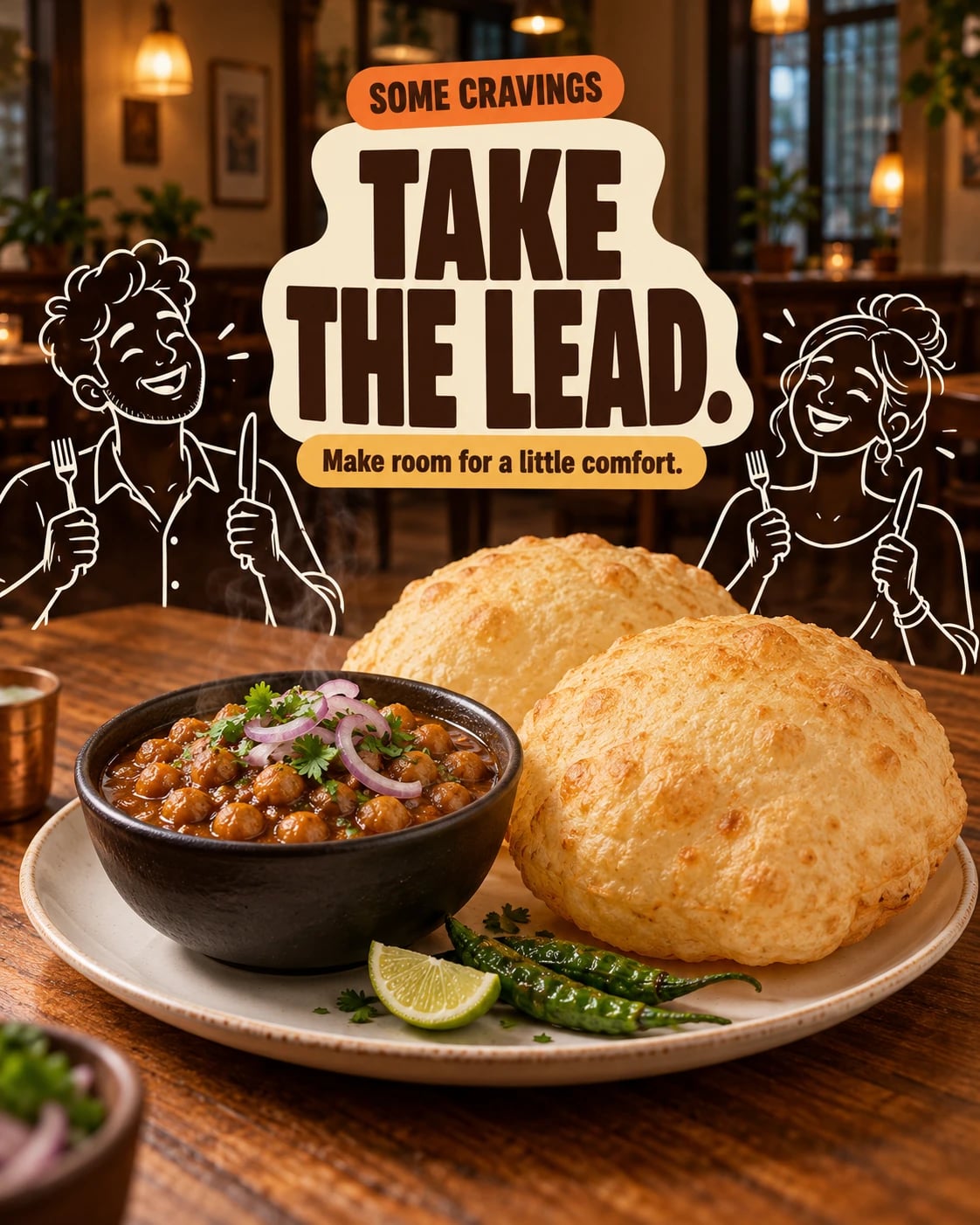 Chole Bhature Restaurant Ad, AI image made from the prompt