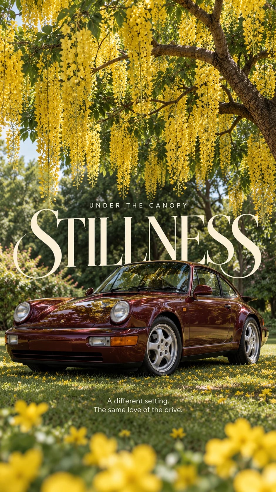 Vintage Porsche Under Yellow Blossoms, AI image made from the prompt